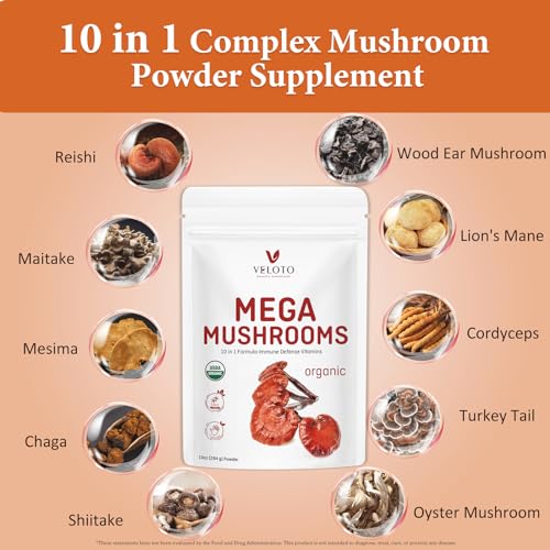 Organic Mega Mushroom Powder Blend, 10 in 1 Complex Mushroom Extract Powder Herbal Supplement with Reishi, Cordyceps, Chaga, Lion's Mane, Vegan & More, Sustainably US Grown, Filler Free, 10oz