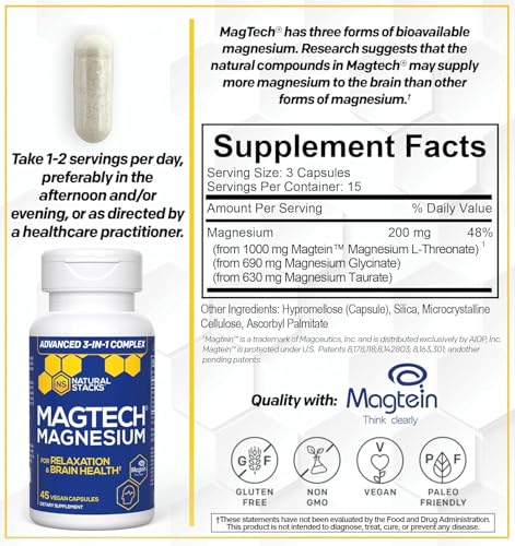 Natural Stacks MagTech Magnesium Supplement - Chelated Magnesium Complex - 3 Forms of Magnesium: Magtein Magnesium L-Threonate, Glycinate & Taurate - Supports Relaxation & Brain Health, 45 Capsules