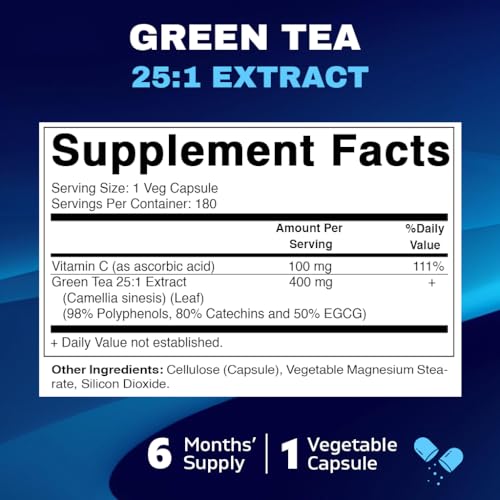 Vitamatic Green Tea Extract with Vitamin C, 25X Concentrate, 98% Polyphenols, 80% Catechins, 50% EGCG, 180 Veg Capsules
