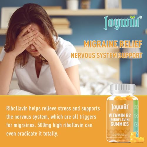 Vitamin B2 Gummies Riboflavin 500mg for Adults, Migraine Relief & Nervous System Support, Orange Flavor, Non GMO, Vegan, Pectin - 60 Counts