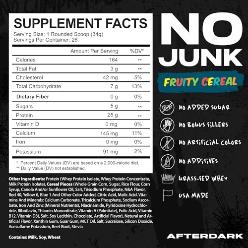 AFTERDARK AfterBites Whey Protein Powder, 25g Protein, 4.5g BCAA’s, Easy Dissolving, No Artificial Colors or Fillers, Isolate Protein, USA Made, 26 Servings, Fruity Cereal