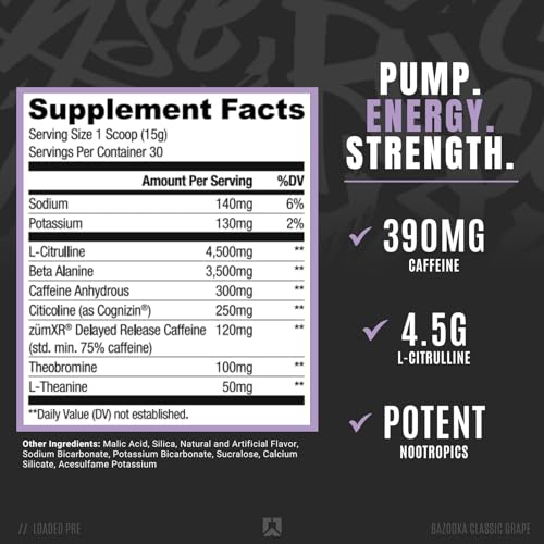 Ryse Loaded Pre Workout Powder Supplement for Men & Women | Pumps, Energy, Focus | Beta Alanine + Citrulline | 390mg Caffeine | 30 Servings (Bazooka Grape)