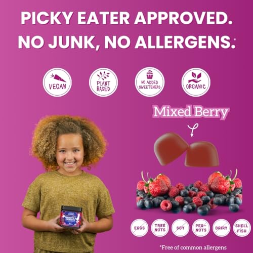 Llama Naturals Real Fruit Prebiotic & Probiotic Kids Gummies, No Added Sugar Cane, Vegan Organic Synbiotics, Children Digestion, Toddler Tummy Aches, Gut Health, 2B CFU, 60 ct (30 Days) Mixed Berry