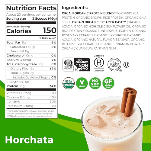 Orgain Organic Vegan Protein Powder, Horchata - 21g Plant Based Protein, 9g Prebiotic Fiber, Low Net Carb, No Lactose Ingredients, No Added Sugar, Non-GMO, For Shakes & Smoothies, 2.03 lb