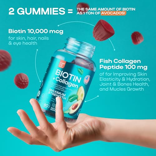 Biotin 10000mcg - Biotin Gummies for Hair Growth, Healthy Skin and Nails, Max Strength - Non-GMO and Gluten Free Biotin Vitamins - Biotin and Collagen Supplement for Women and Men - 60 pcs