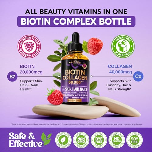 Liquid Biotin & Collagen - Vitamins for Hair Growth Support for Women & Men - Extra Strength 60000 mcg Drops - B7 Supplement - Strong Nails & Healthy Skin - 98% Faster Absorption Than Pills