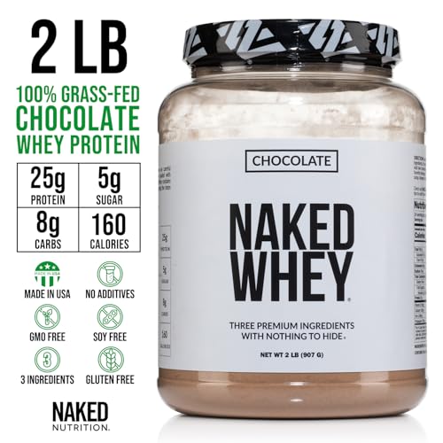 NAKED Whey Chocolate Protein Powder - Only 3 Ingredients - Grass Fed Whey Protein Powder, Organic Chocolate and Organic Coconut Sugar, No GMO, No Soy, and Gluten Free - 24 Servings