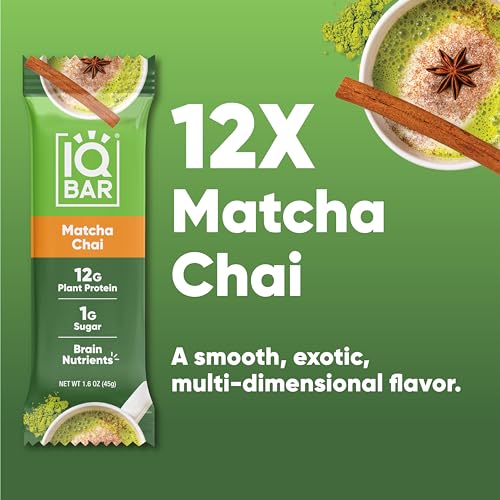 IQBAR Brain and Body Plant Protein Bars - Matcha Chai - 12 Count, Low Carb, High Fiber, Gluten Free, Healthy Vegan Snacks - Low Sugar Keto Bar Pack