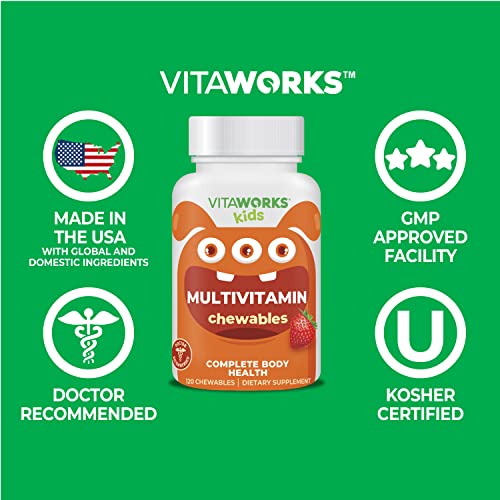 Kids Multivitamin with Iron & Minerals Chewable Tablets - Mixed Fruit Flavor - Vegetarian, GMO-Free, Nut Free - Dietary Supplement - Digestive Support for Children - 120 Chewables",