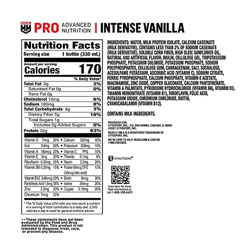 Muscle Milk Pro Advanced Nutrition Protein Shake, Intense Vanilla, 11.16 Fl Oz (Pack of 12), 32g Protein, 1g Sugar, 16 Vitamins & Minerals, 5g Fiber, Workout Recovery, Energizing Snack, Packaging May Vary