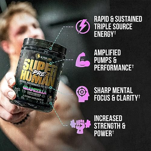 ALPHA LION Superhuman Pre Workout Powder, Beta Alanine, L-Taurine & Tri-Source Caffeine for Sustained Energy & Focus, Nitric Oxide & Citrulline for Pump (21 Servings, Grapezilla)