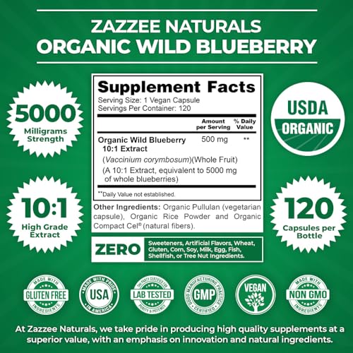 Zazzee USDA Organic Wild Blueberry 10:1 Extract, 5000 mg Strength, 120 Vegan Capsules, 4 Month Supply, Concentrated and Standardized 10X Whole Fruit Extract, 100% Vegetarian, All-Natural and Non-GMO