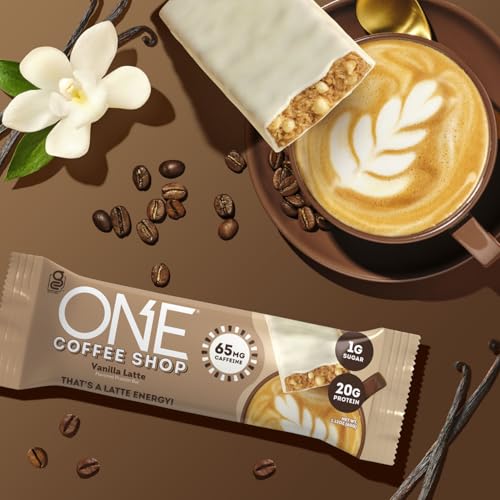 ONE Coffee Shop Caffeinated Protein Bars, Vanilla Latte, Gluten Free with 20g Protein and 65mg of Caffeine Energy, Pantry Staples, 2.12 oz (12 Count)