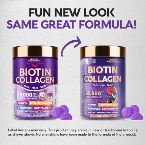 Biotin 10000 mcg Gummies | Collagen | Keratin | Hyaluronic Acid | B-Complex | Saw Palmetto - Hair Health Support, Skin & Nails Strength - Sugar-free Berry Flavor - for Women & Men - Vegan, 60 Gummies