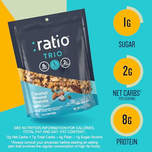 Ratio Coconut Almond Granola Cereal, 1g Sugar, Keto Friendly, 8 OZ Resealable Cereal Bag