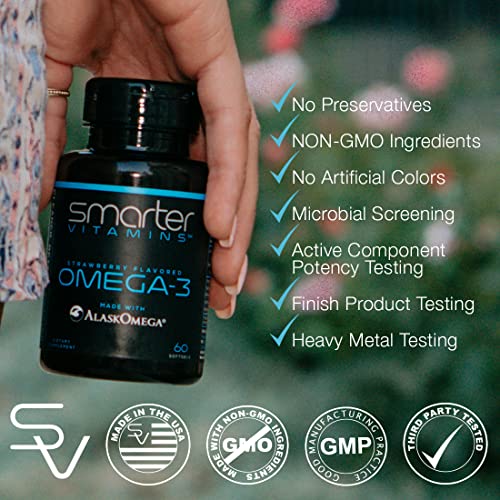 SmarterVitamins Omega 3 Fish Oil, Strawberry Flavor, Burpless, Tasteless, 2000mg, DHA EPA Triple Strength Brain Support, Joint Support, Made with AlaskOmega®, Heart Support