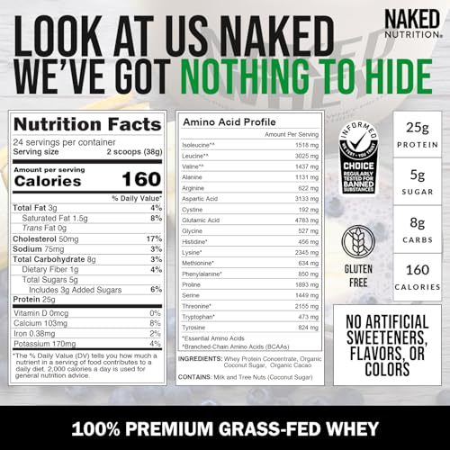 NAKED Whey Chocolate Protein Powder - Only 3 Ingredients - Grass Fed Whey Protein Powder, Organic Chocolate and Organic Coconut Sugar, No GMO, No Soy, and Gluten Free - 24 Servings