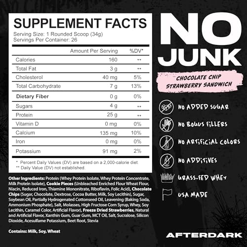 AFTERDARK Afterbites Whey Protein Powder, 25g Protein, 4.5g BCAA’s, Easy Dissolving, No Artificial Colors or Fillers, Isolate Protein, USA Made, 26 Servings, Strawberry Cookie Sandwich