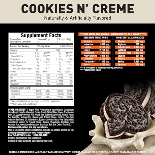 Body Fortress Super Advanced Whey Protein Powder, Cookies N’ Creme, 60g Protein & 12g BCAAs Per 2 Scoops, Muscle Gain & Recovery, Immune Support with Vitamins C & D, 1.78lbs (Packaging May Vary)