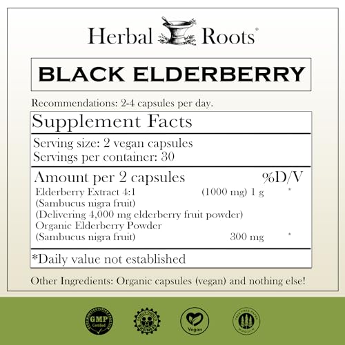 Herbal Roots Black Elderberry Capsules | Max Strength 4,300mg | Made with Organic Sambucus | Vegan and Pure