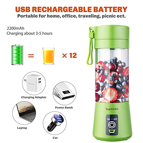 Portable, Personal Mixer Rechargeable with USB, Mini Blender for Smoothie, Fruit Juice, Milk Shakes, 380ml, Six 3D Blades for, 9.12x3.25x3.25 inch, Green