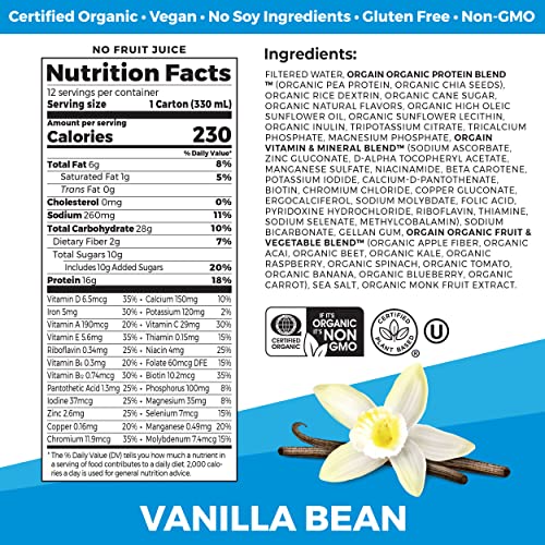 Orgain Organic Nutritional Vegan Protein Shake, Vanilla Bean - 16g Plant Based Protein, Meal Replacement, 21 Vitamins & Minerals, Fruits & Vegetables, Gluten Free, Non-GMO, 11 Fl Oz (Pack of 12)