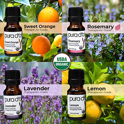 PURA D'OR Organic Perfect10 Essential Oils Set - 10x 10mL Wood Box Aromatherapy Gift Set - 100% Pure Therapeutic Grade for Relaxation and Wellness (Lavender, Peppermint, Eucalyptus, Tea Tree & More)