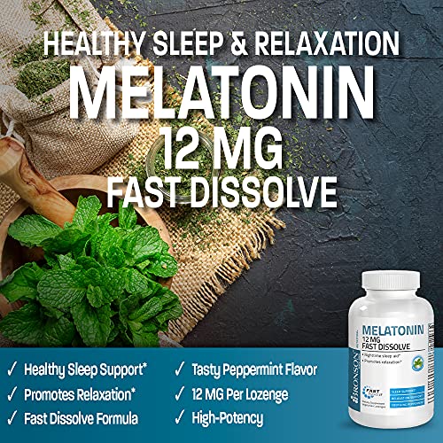 Bronson Melatonin 12mg Fast Dissolve Nighttime Sleep Aid Support & Relaxation Support, 180 Peppermint Vegetarian Lozenges