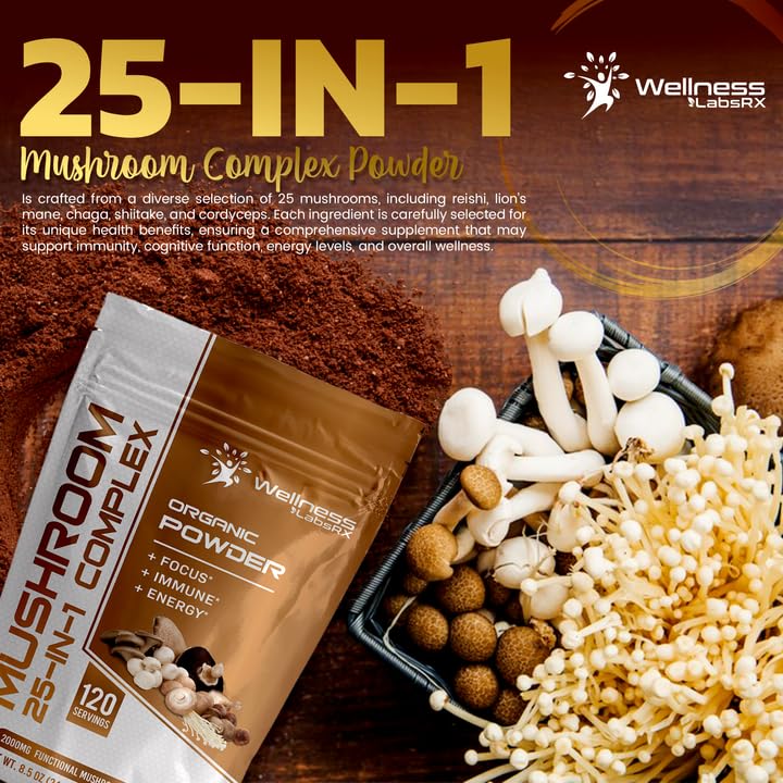 Mushroom Powder, 25 in 1 Mushrooms Lions Mane Powder Organic - 2000mg - Mushroom Supplement, 25 Superfood Mushrooms, Chaga, Shiitake Mushrooms, Cordyceps, Reishi - Lion's Mane Mushroom - 120 Servings