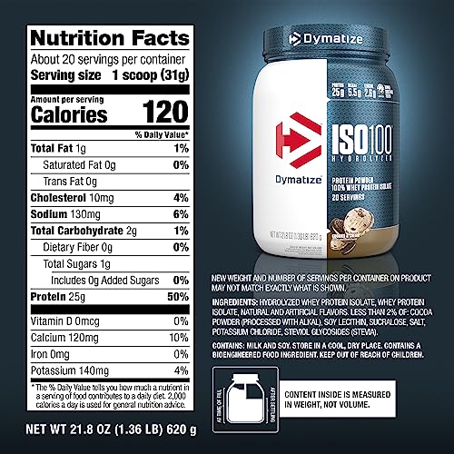 Dymatize ISO100 Hydrolyzed Protein Powder, 100% Whey Isolate Protein, 25g of Protein, 5.5g BCAAs, Gluten Free, Fast Absorbing, Easy Digesting, Cookies and Cream, 20 Servings