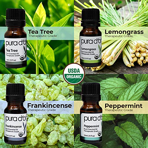 PURA D'OR Organic Perfect10 Essential Oils Set - 10x 10mL Wood Box Aromatherapy Gift Set - 100% Pure Therapeutic Grade for Relaxation and Wellness (Lavender, Peppermint, Eucalyptus, Tea Tree & More)