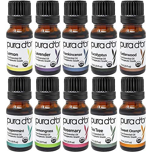 PURA D'OR Organic Perfect10 Essential Oils Set - 10x 10mL Wood Box Aromatherapy Gift Set - 100% Pure Therapeutic Grade for Relaxation and Wellness (Lavender, Peppermint, Eucalyptus, Tea Tree & More)