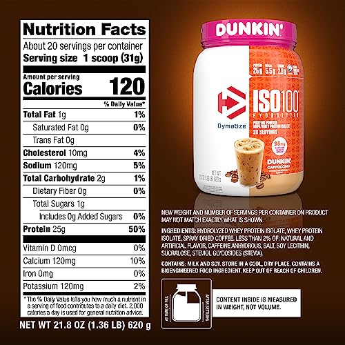 Dymatize ISO100 Hydrolyzed 100% Whey Isolate Protein Powder in Dunkin' Cappuccino Flavor, 25g Protein, 95mg Caffeine, 5.5g BCAAs, Gluten Free, Fast Absorbing, Easy Digesting, 21.5 Oz