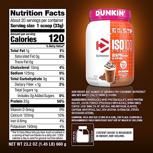 Dymatize ISO100 Hydrolyzed Protein Powder in Dunkin' Mocha Latte Flavor, 100% Whey Isolate Protein, 25g Protein, 95mg Caffeine, 5.5g BCAAs, Gluten Free, Fast Absorbing, Easy Digesting, 20 Servings