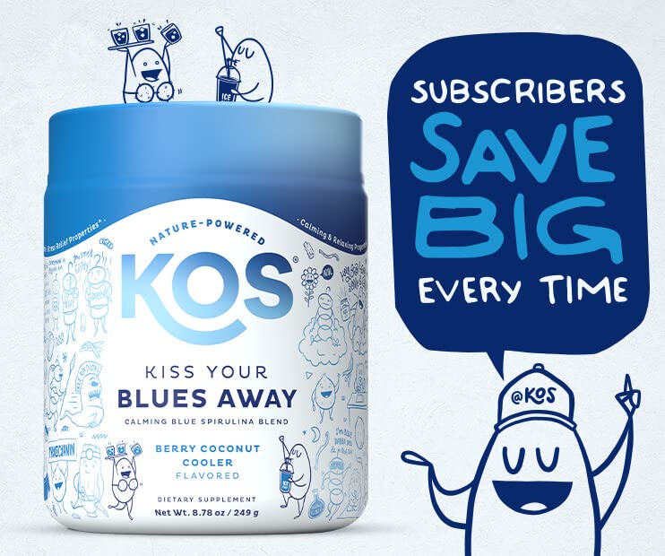 KOS Calming Blue Spirulina Blend- USDA Certified Organic - Algae Superfood Powder with Ashwagandha Root, Lemon Balm, Reishi Mushroom, B Vitamins - Berry Coconut Cooler Flavor, 28 Servings