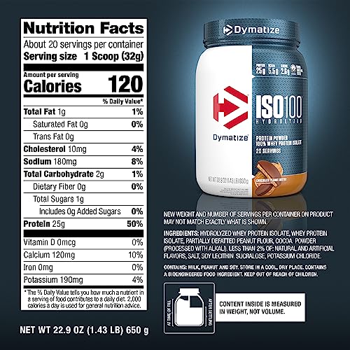 Dymatize ISO100 Whey Protein Powder with 25g of Hydrolyzed 100% Whey Isolate, Gluten Free, Fast Digesting, Chocolate Peanut Butter, 20 Servings