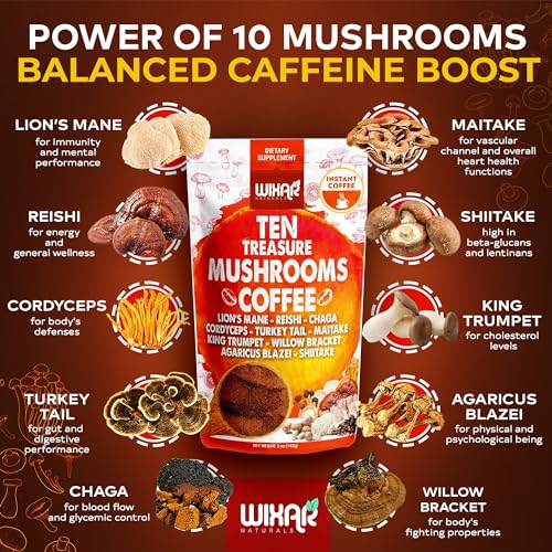 Wixar Mushroom Coffee Blend - Ten Treasure Mushrooms Extract Instant Coffee Powder with Lions Mane, Turkey Tail, Reishi, Chaga, Shiitake, Maitake, Cordyceps, Complex - 5oz Mushroom Supplement