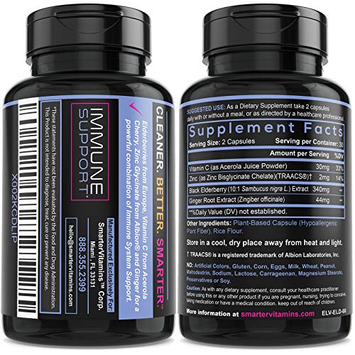 Smarter Elderberry Capsules + Vitamin C + Ginger & Zinc, Herbal Supplement for Immune Support, Powerful Black Elder Berry Extract Antioxidant Vitamin, 60 Vegan Pills