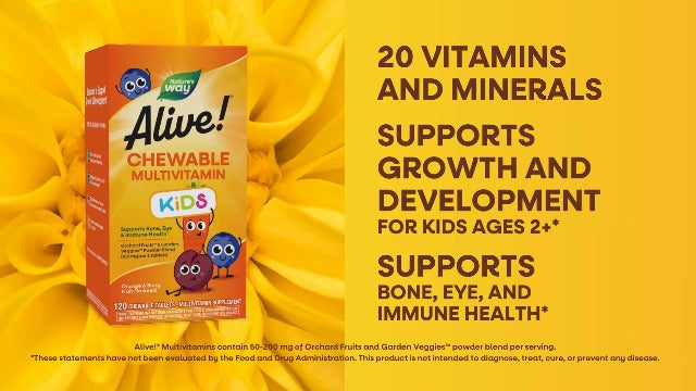 Nature's Way Alive! Children's Daily Chewable Multivitamin, Supports Bone, Eye, and Immune Health*, Orange & Berry Fruit Flavored, Gluten Free, 120 Chewable Tablets (Packaging May Vary)