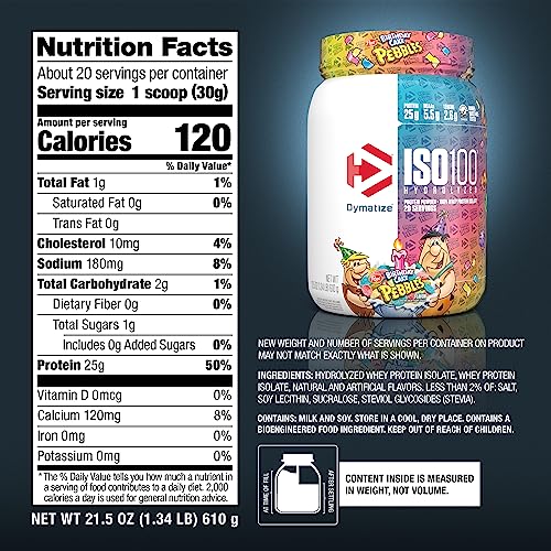 Dymatize ISO 100 Whey Protein Powder with 25g of Hydrolyzed 100% Whey Isolate, Gluten Free, Fast Digesting, Birthday Cake Pebbles, 20 Servings