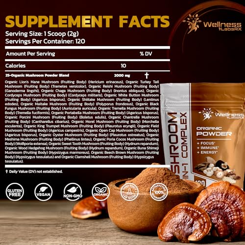 Mushroom Powder, 25 in 1 Mushrooms Lions Mane Powder Organic - 2000mg - Mushroom Supplement, 25 Superfood Mushrooms, Chaga, Shiitake Mushrooms, Cordyceps, Reishi - Lion's Mane Mushroom - 120 Servings