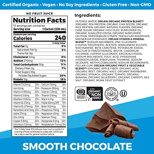 Orgain Organic Nutritional Vegan Protein Shake, Smooth Chocolate - 16g Plant Based Protein, Meal Replacement, 22 Vitamins & Minerals, Fruits & Vegetables, Gluten Free, Non-GMO, 11 Fl Oz (Pack of 12)