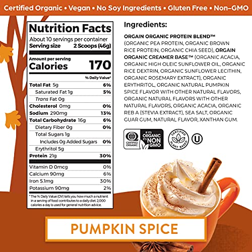 Orgain Organic Vegan Protein Powder, Pumpkin Spice Seasonal Flavor - 21g of Plant Protein, 5g Prebiotic Fiber, No Lactose Ingredients, No Added Sugar, Non-GMO, For Shakes & Smoothies, 1.02 lb