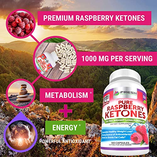 FRESH HEALTHCARE Pure 100% Raspberry Ketones Max 1000mg Per Serving - 3 Month Supply Non GMO - Advanced Weight Loss Support - 180 Capsules