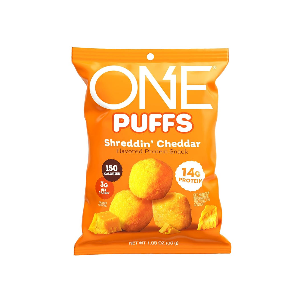 ONE PUFFS, Shreddin' Cheddar Flavor, 14g of Protein, Protein Snacks for On the Go, 150 Calories per Snack (10 Pouches)