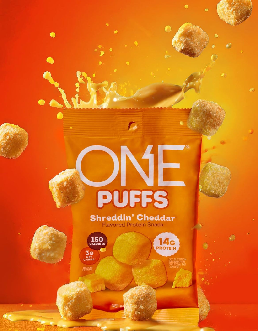 ONE PUFFS, Shreddin' Cheddar Flavor, 14g of Protein, Protein Snacks for On the Go, 150 Calories per Snack (10 Pouches)