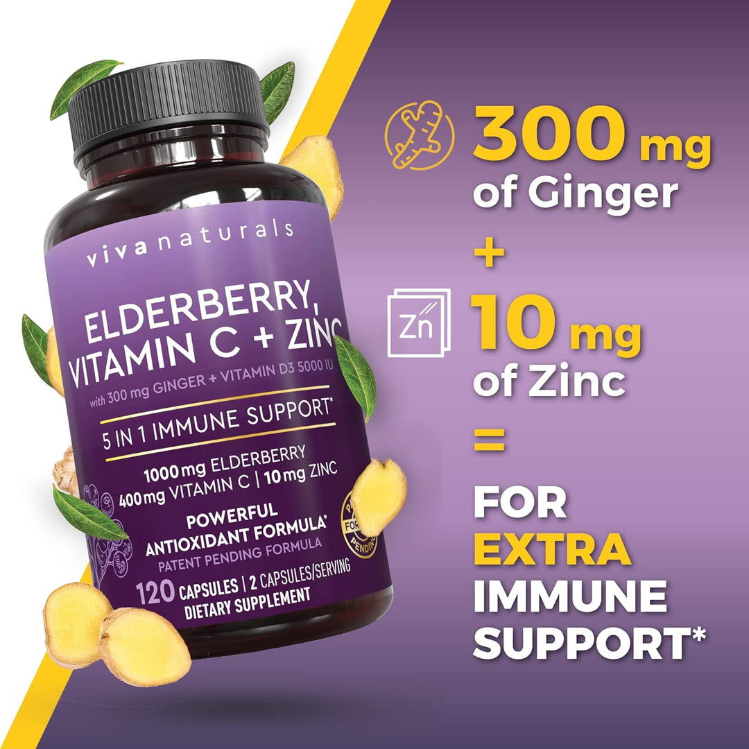 Viva Naturals Elderberry with Vitamin C and Zinc for Adults - 5 in 1 Sambucus Black Elderberry Capsules with Vitamin D3 5000 IU, Elderberries Immune Support Supplement 2 Months Supply Pills