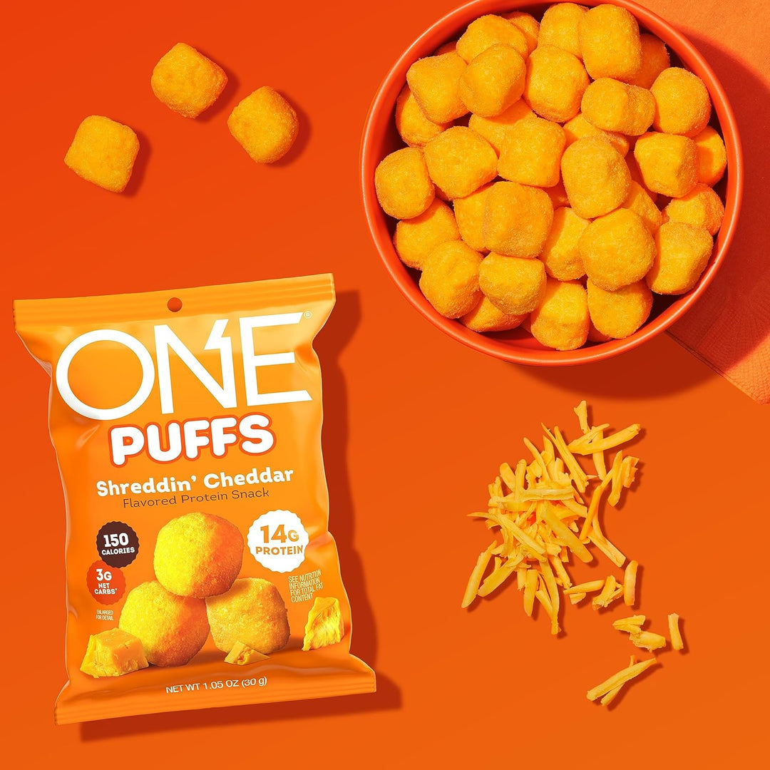 ONE PUFFS, Shreddin' Cheddar Flavor, 14g of Protein, Protein Snacks for On the Go, 150 Calories per Snack (10 Pouches)