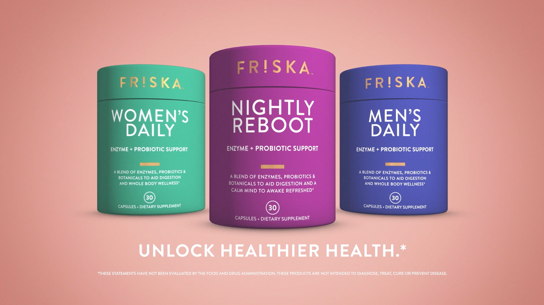 FRISKA Nightly Reboot Enzyme and Probiotics Supplement, Promotes Better Digestion and Sleep, Supports Gut Health for Men and Women, Melatonin, Chamomile, 30 Capsules