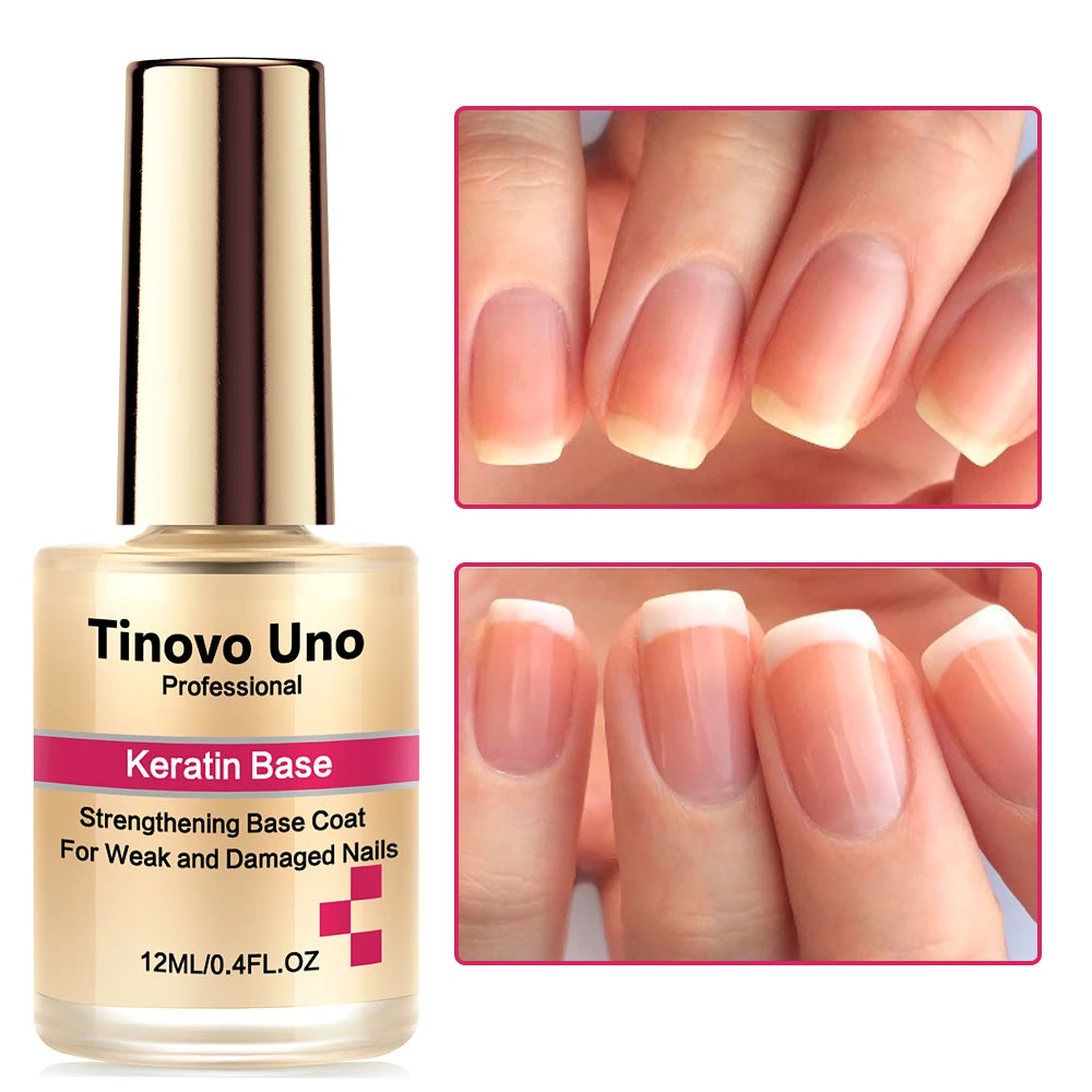 Tinovo Uno Keratin Base Coat Nail Strengthener for Weak Damaged Nails 12ML Air Dry Organic Ridge Filler Nail Polish Treatment